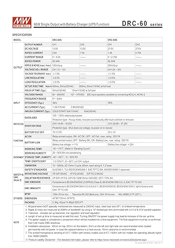 Mean Well DRC-60A 59.34W Single Output with Battery Charger (UPS Function) DRC-60 13.8V/2.8A 13.8V/1.5A - Poueer