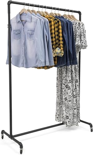 Displays2go, Industrial Pipe Clothing Rack, Metal Construction, Floor Standing Design – Black Matte Finish (AF2134RMTE) - Poueer