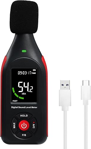 Decibel Meter Sound Level Meter dB Meter Sound Noise Meter 30-130dB with MAX Data Hold, Data Record Function, Rechargeable With Alarm and A/C Frequency, Fast/Slow Time Selection for Home, Classroom - Poueer