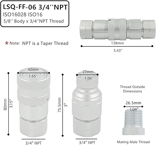 1/2'' NPT Flat Face Hydraulic Quick Connect Coupling Set Skid Steer Loader Quick Disconnect Coupler with Dust Caps ISO12.5 - Poueer