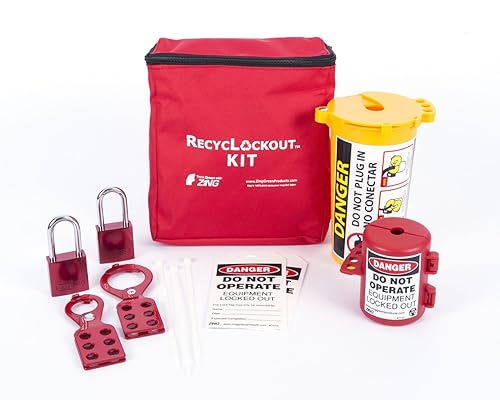 Green Products 2733 RecycLockout Lockout Tagout Kit with Aluminum Padlocks, Plug Lockout, 11 Component - Poueer