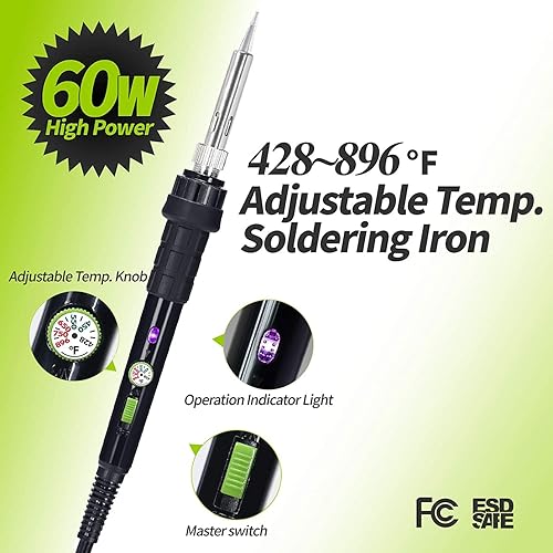 YIHUA 928D-III Soldering Iron,110W High Power, Fully Digital Display °F /°C- Temperature Control Soldering Tool, Accurate 194~896°F, with ON/OFF Switch, Iron Tip, Brass Wool, Automatic Sleep Mode - Poueer