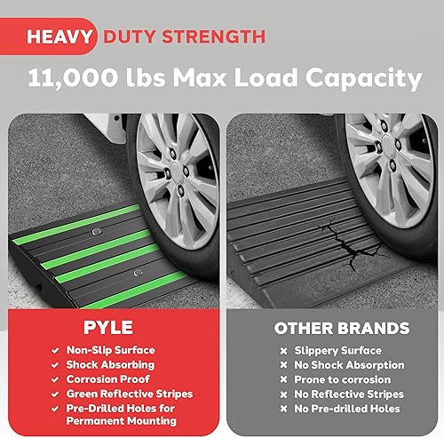 Pyle 1 Ft. Rubber Curb Ramp - Pack of 2 Heavy Duty Non-Slip Threshold Ramps for Driveways & Sidewalks, Yellow Reflective Strips, Marine Grade, Expansion Screws Included, 12.0’’x 16.0’’ x 2.6’’ Inches - Poueer