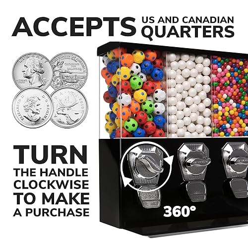 Vending Machine - Commercial Gumball and Candy Machine with Stand - Black Triple Vending Machine with Interchangeable Canisters - Coin Operated Candy Dispenser and Gumball Machine - Vending Dispenser - Poueer