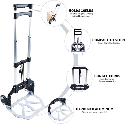 Folding Hand Truck and Dolly,165 lb Capacity Aluminum Portable Cart Foldable 2 Wheel Dolly with Telescoping Handle - Poueer