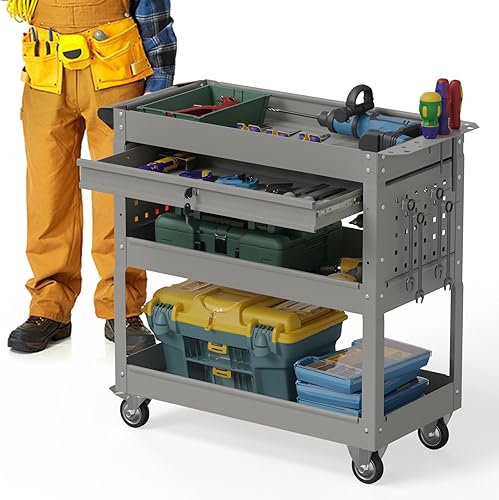 3 Tier Foldable Service Cart with Wheels, Rolling Collapsible Folding Utility Cart for Home, Office, Garage, and Warehouse (Red) - Poueer