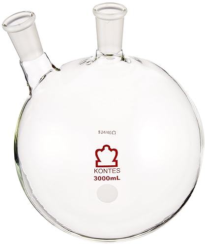 Kimble Chase KIMAX 605020-2224 Borosilicate Glass Two-Neck Round Bottom Distilling Flask, Side Neck Angled, 3000 ml Capacity - Poueer