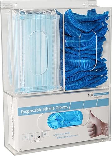 Triple Sanitation Station with Lid - Tabletop or Wall Mounted Acrylic Masks and Gloves Holder Dispenser Hairnet Dispenser with 3 Compartments - Glove Box Holder, Clear - Poueer