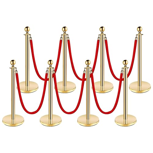 Stanchion Post with Velvet Rope, VIP Stanchion Queue Pole Barrier Posts, Red Carpet Stanchion Set, Gold 10-Pack - Poueer