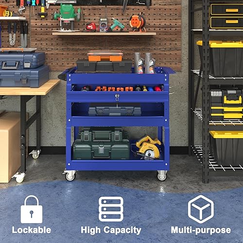 3 Tier Foldable Service Cart with Wheels, Rolling Collapsible Folding Utility Cart for Home, Office, Garage, and Warehouse (Red) - Poueer