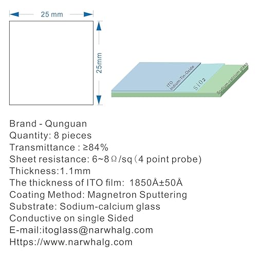ITO (Indium tin Oxide)Coated Conductive Glass Slides 50×50mm Resistance 7 ohm/sq (8 Pcs) - Poueer