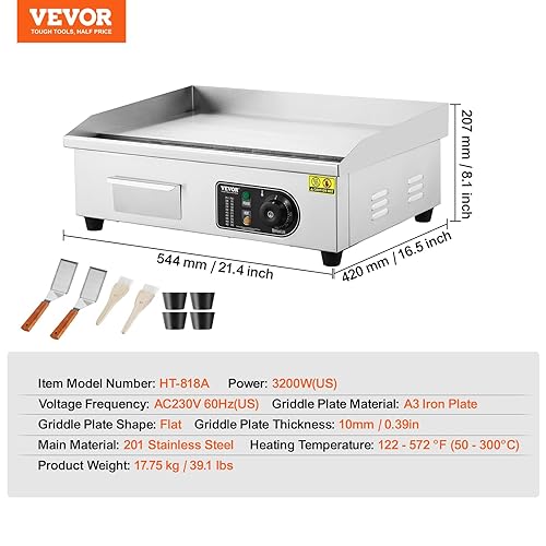 VEVOR Electric Griddle for Commercial Use, Temperature Range 122℉-572℉, 3200W Countertop Grill, Dimensions 22 inches, Includes Stainless Steel Surface, 2 Shovels, and 2 Brushes(No Plug) - Poueer