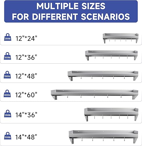 Stainless Steel Shelf 36 * 12 in, Stainless Steel Wall Shelf with 5 Hooks, Kitchen Shelf Wall Shelves Steel Floating Shelf for Kitchen, Commercial Restaurant, Laundry Room, Bar, Microwave - Poueer