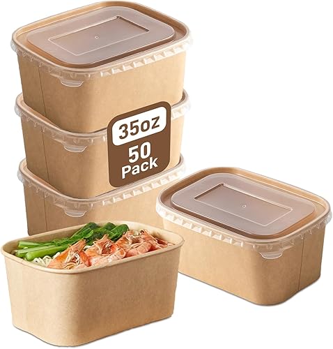 Paper Food Containers with Lids [50 pack] 35 oz Kraft Paper Meal Prep Containers with Lids, Microwavable and Freezer Storage Use Cardboard Food Containers, Disposable Take Out Containers - Poueer