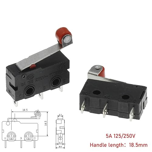 10pcs Micro Switch Copper Contact 5A 125/250V Mini Limit Switch No Nc 2/3Pin Roller Arc Rod(Left Foot with Rod) - Poueer