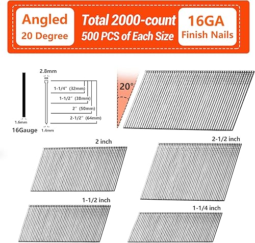 16 Gauge Angled Finish Nails, 20-Degree, 2000-Pack (2-1/2', 2', 1-1/2', 1-1/4' 500 Per Sizes), Galvanized Assorted Size Project Pack, for Pneumatic, Electric Angled Finish Nailer - Poueer