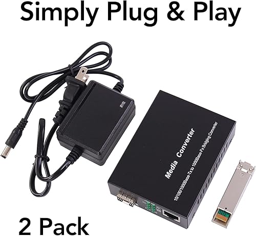 2 Pack Fiber Transceiver, 1.25G/s Bidi Gigabit Single-Mode Fiber Ethernet Media Converter with 2PCS Bidi SFP LC Module Included, 10/100/1000Base-Tx to 1000Base-SX SMF RJ45 to SFP Slot up to 30KM - Poueer