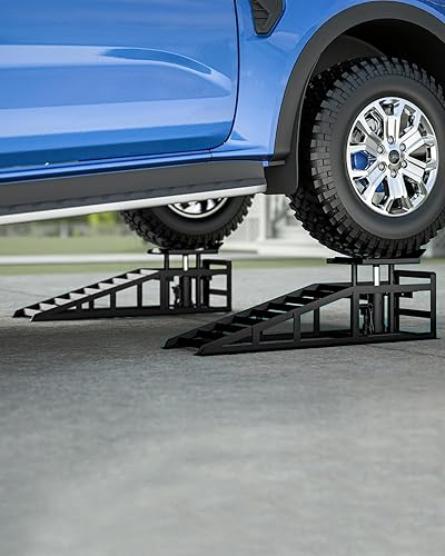 Hydraulic Car Ramps, 4-Position Adjustment, 5T 11000lbs Low Profile Car Lift Service Ramps Truck Trailer Garage,Height Hydraulic Vehicle Ramps, Lift Height 11.61-16.21 inches - Poueer